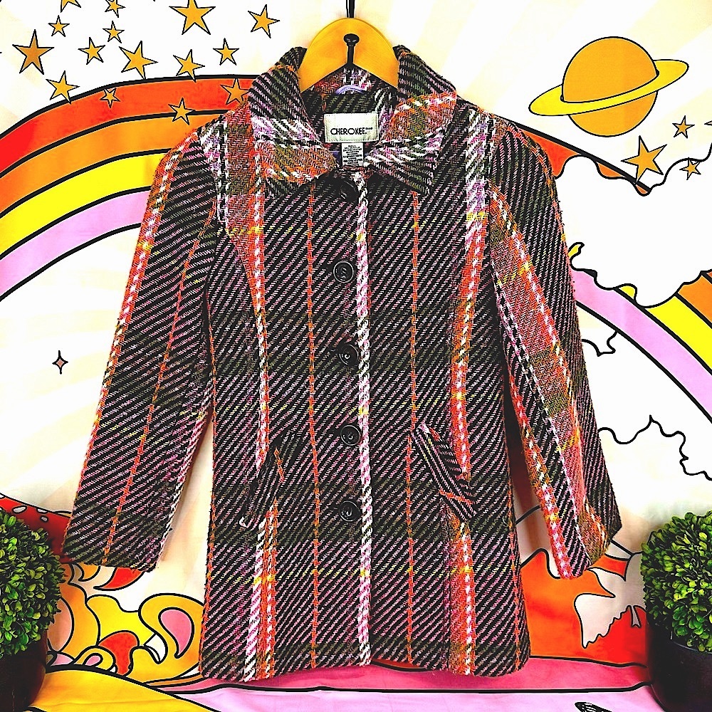 {Cherokee} Vintage Pink & Plaid Striped Mid-Length Wool Coat, Authentic Original